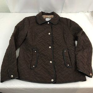 Relativity Womens M Brown Quilted Jacket Snap Button Black Faux Trim Coat Collar